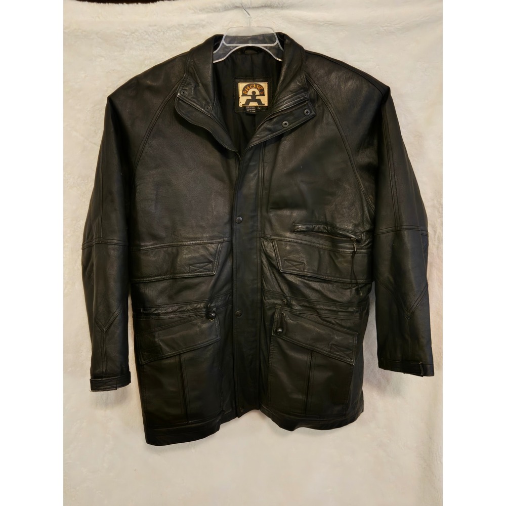 Phase 2 Mens Large Black Leather Field Jacket Multi Pocket Utility Coat Bomber